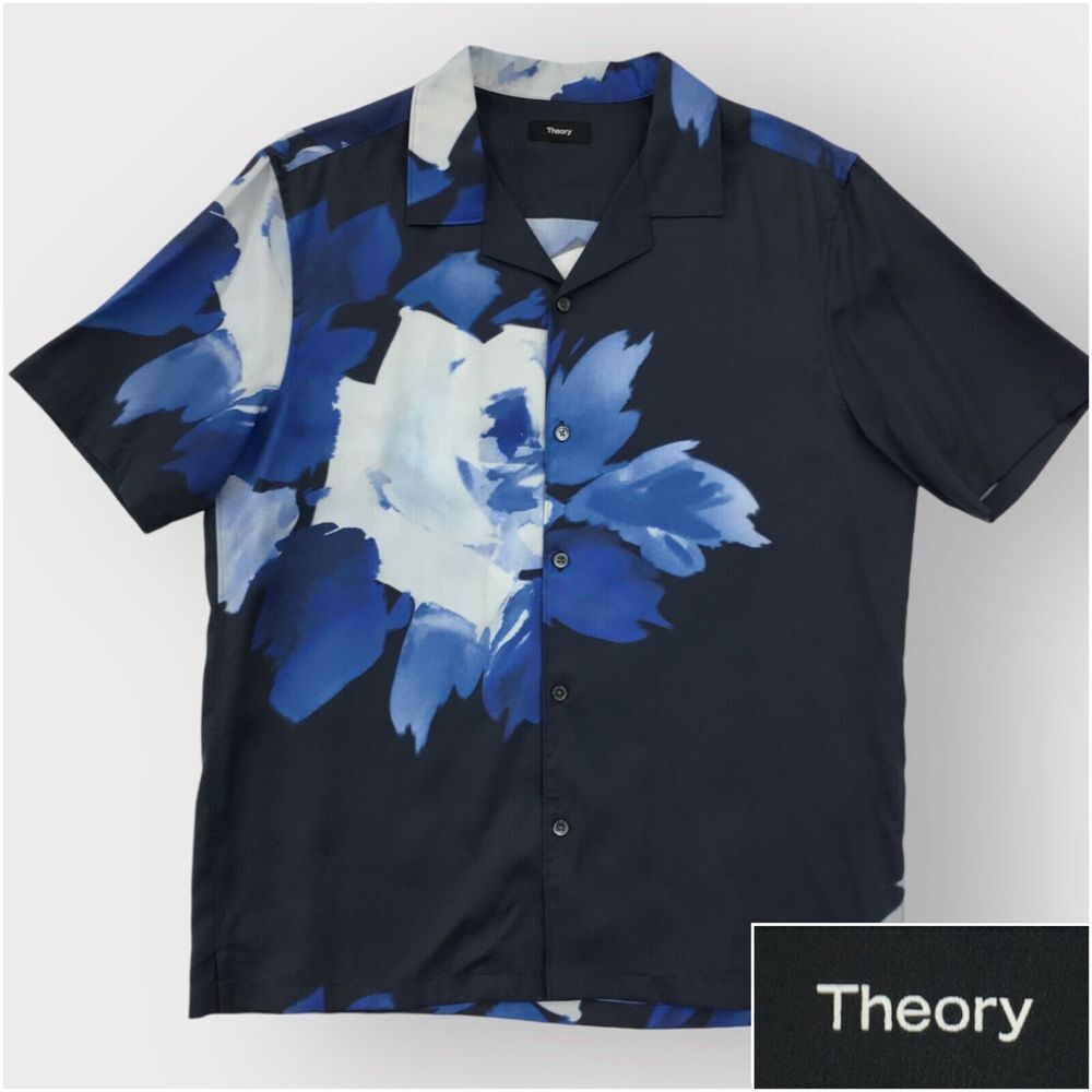Theory Irving Blue Abstract Floral Camp Shirt Mens Size L Casual Cruise Vacation